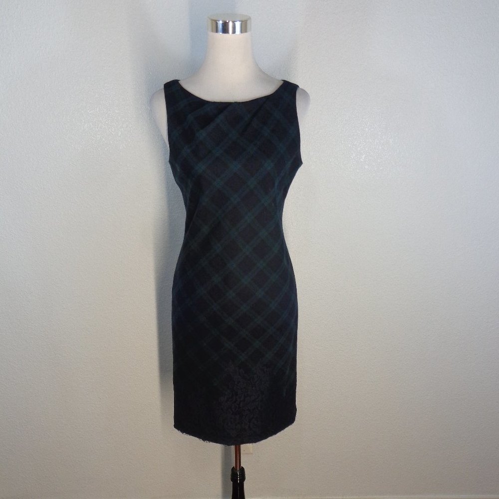 Talbots Black and Green Plaid Sleeveless Midi Dress